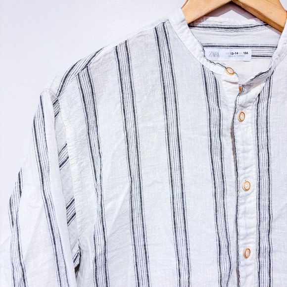 ZARA White and grey striped linen blouse - Picture 2 of 8